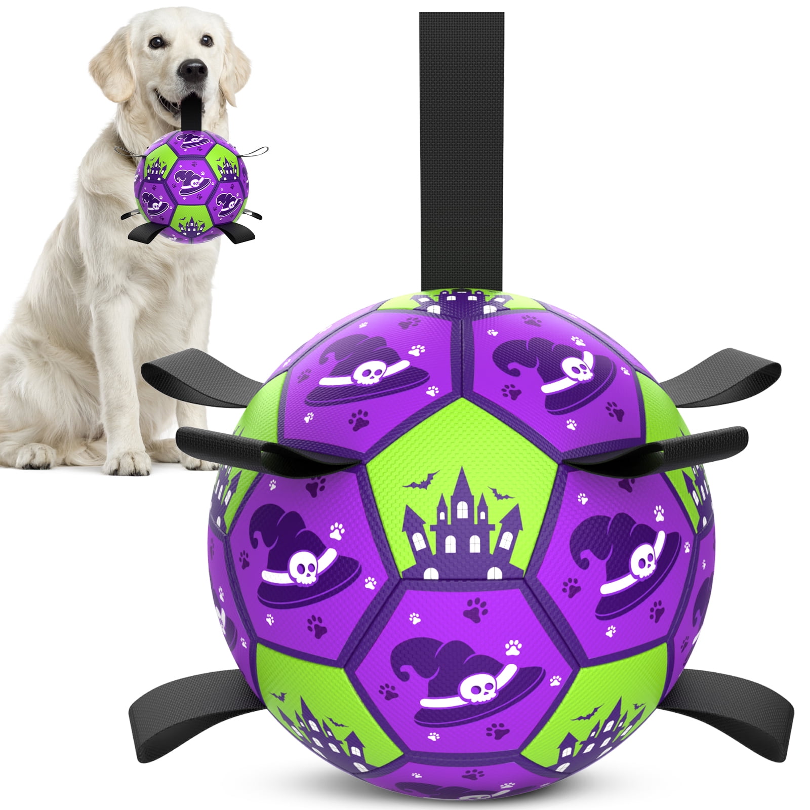 QDAN Halloween Dog Toys Ball, Soccer Ball with Straps for Dog Birthday Gift, Tug of War Interactive Dog Toys, Puppy Toys for Small Medium large Size Dogs, Purple & Green, 7inch