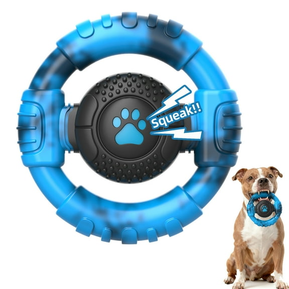 QDAN Durable Dog Toys for Aggressive Chewers, Indestructible Nylon Dog Chew Toys With Rubber Squeaky Devcie, Tough Dog Toys to Keep Them Busy, Steering Wheel Shape-Milk Flavor, Blue