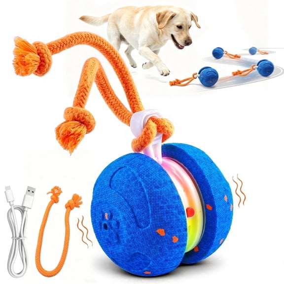 QDAN Interactive Dog Toy, Automatic Rolling Dog Ball with Rope, Light-Up Moving Dog Toy with 2 Play Modes for Small & Medium Dogs, Indoor Dog Toy, Blue