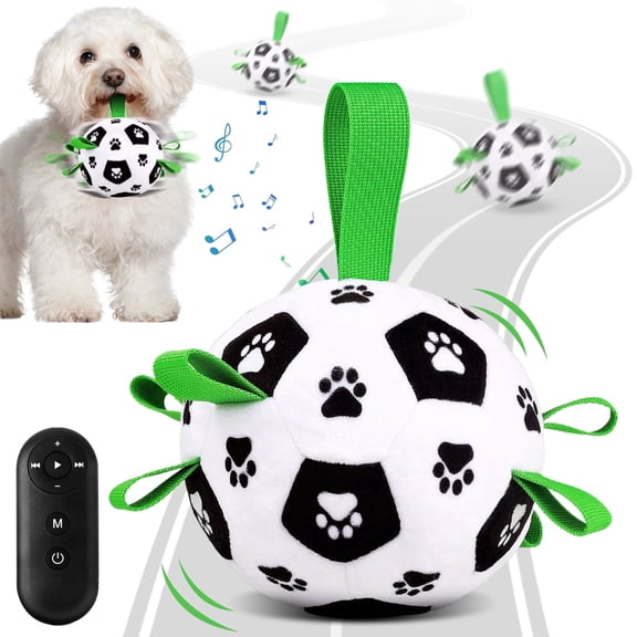 QDAN Smart Interactive Rechargeable Soccer Ball Dog Toy with Straps Remote Control & Music Mode for Small to Medium Dogs