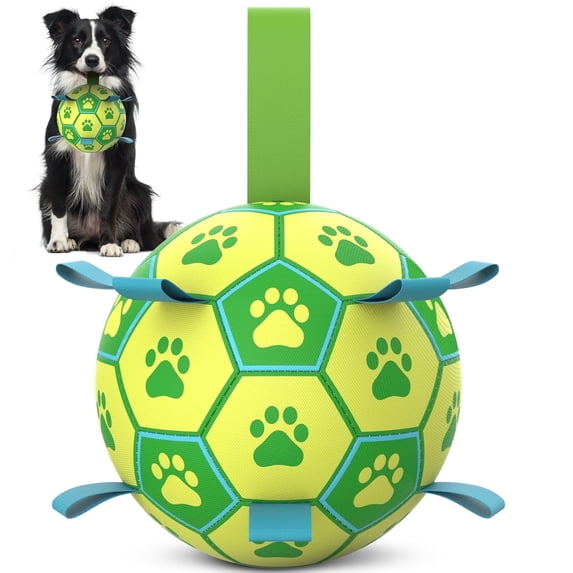 QDAN Durable Dog Toys Soccer Ball with Nylon Straps Hand Pump for Puppies Medium Large Dogs, 6-inch, Yellow & Green