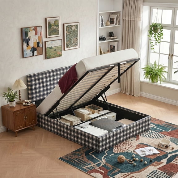 Full Size Linen Pneumatic Lift Up Storage Bed Frame with Plaid Upholstered Headboard, No Box Spring Needed,White/Blue Check
