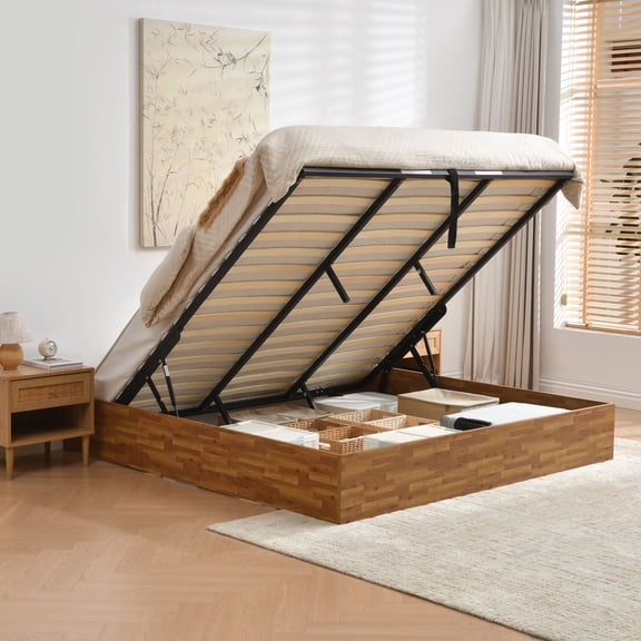 QDD King Size Hydraulic Lift Up Storage Bed Frame, Headboard-Free Platform Design with Wooden Slats, No Box Spring Needed,Rustic Brown