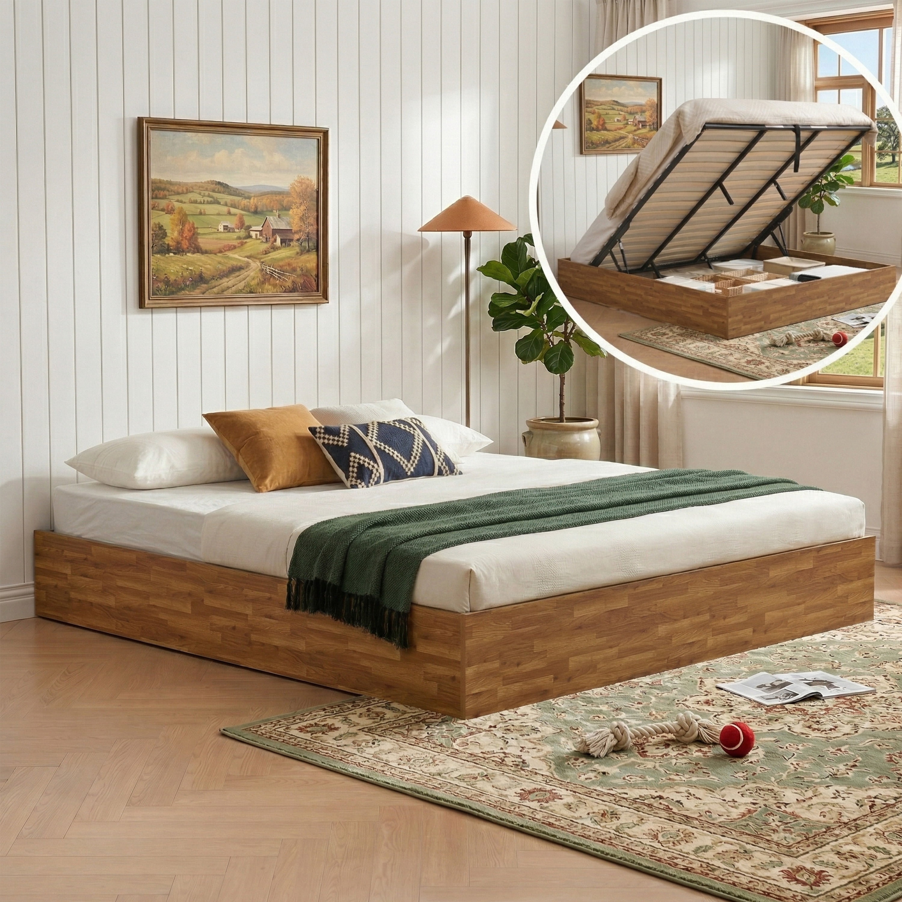 QDD King Size Hydraulic Lift Up Storage Bed Frame, Headboard-Free Platform Design with Wooden Slats, No Box Spring Needed,Rustic Brown