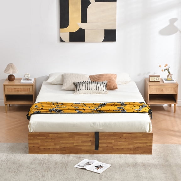 QDD Queen Size Hydraulic Lift Up Storage Bed Frame, Headboard-Free Platform Design with Wooden Slats, No Box Spring Needed,Rustic Brown