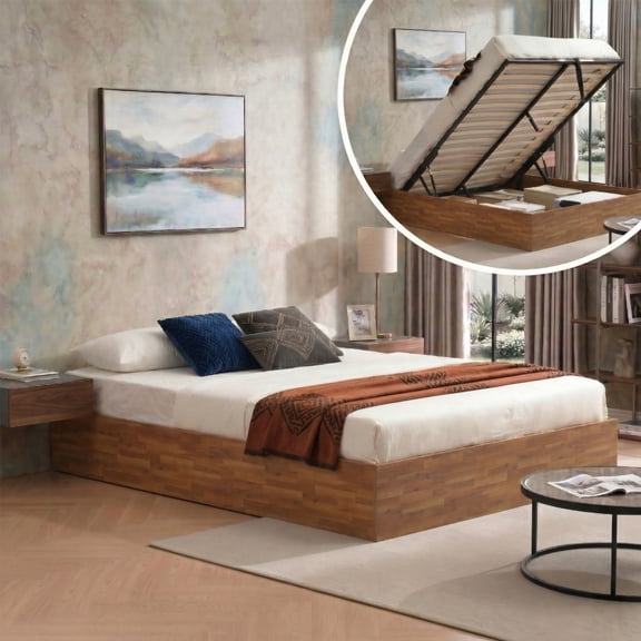 QDD Queen Size Hydraulic Lift Up Storage Bed Frame, Headboard-Free Platform Design with Wooden Slats, No Box Spring Needed,Rustic Brown