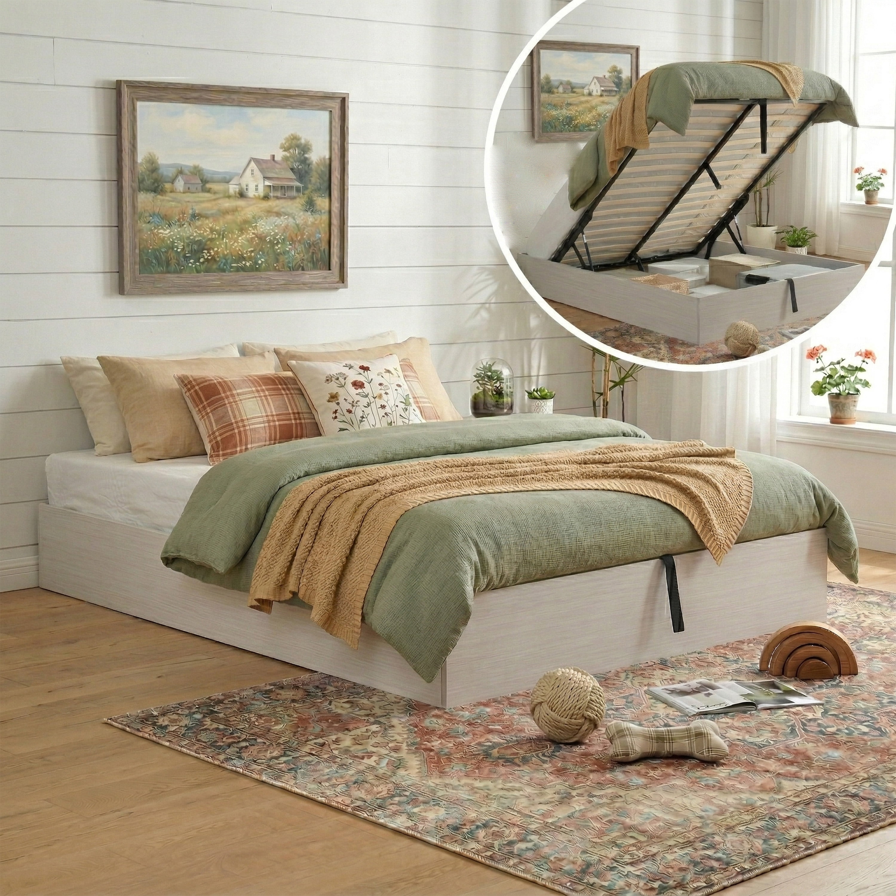 Queen Size Lift Up Pneumatic Storage Bed Frame, Headboard-Free Platform Bed with Wooden Slats, No Box Spring Needed,Rustic Off White
