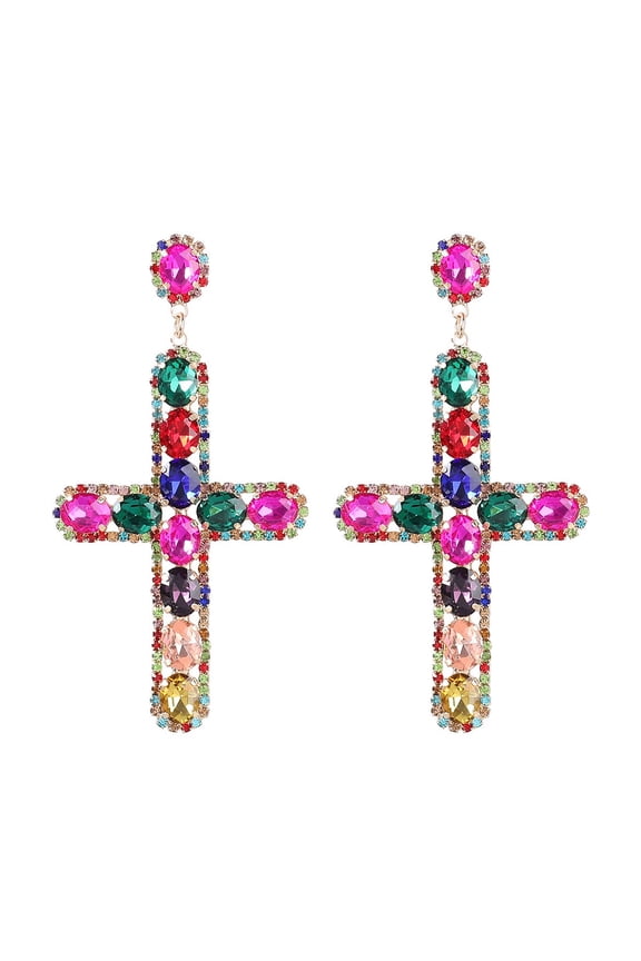 Colorful Cross Earrings, Baroque Cross Dangle Earrings for Women, Bohemian Cross Crucifix Earrings, Sparkling Cross Statement Earrings Gothic Cross Boho Jewelry, Holy Cross Drop Earrings