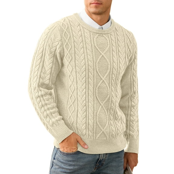 QDG Men's Cable Knit Pullover Sweater Casual Crewneck Long Sleeve Knitted Sweater
