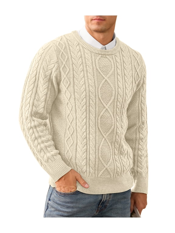 Men's Cable Knit Pullover Sweater Casual Crewneck Long Sleeve Knitted Sweater