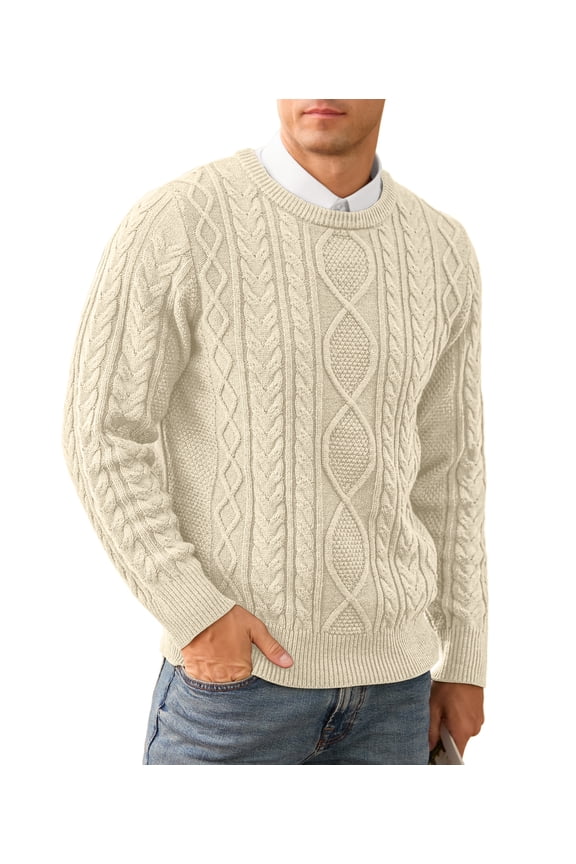 Men's Cable Knit Pullover Sweater Casual Crewneck Long Sleeve Knitted Sweater