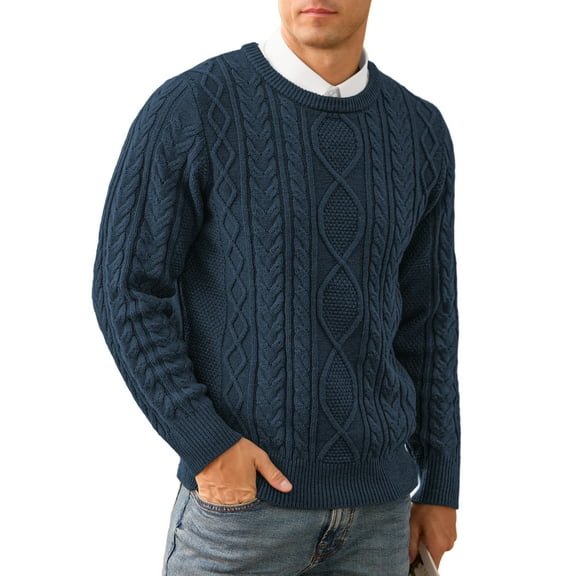 QDG Men's Cable Knit Pullover Sweater Casual Crewneck Long Sleeve Knitted Sweater
