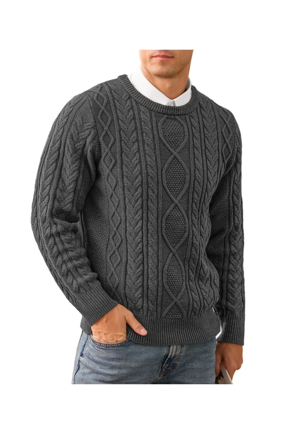 Men's Cable Knit Pullover Sweater Casual Crewneck Long Sleeve Knitted Sweater