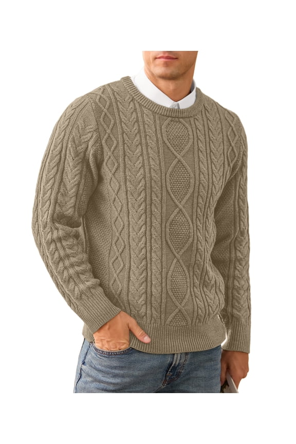 Men's Cable Knit Pullover Sweater Casual Crewneck Long Sleeve Knitted Sweater