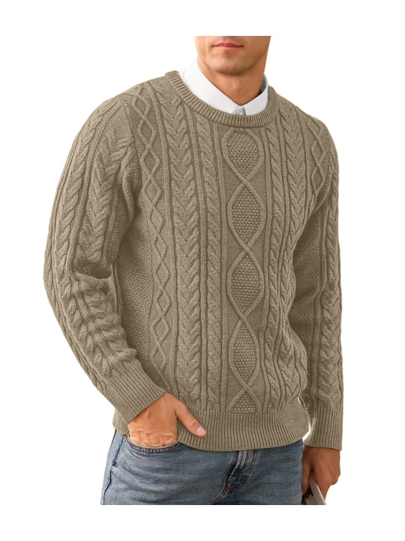 Men's Cable Knit Pullover Sweater Casual Crewneck Long Sleeve Knitted Sweater