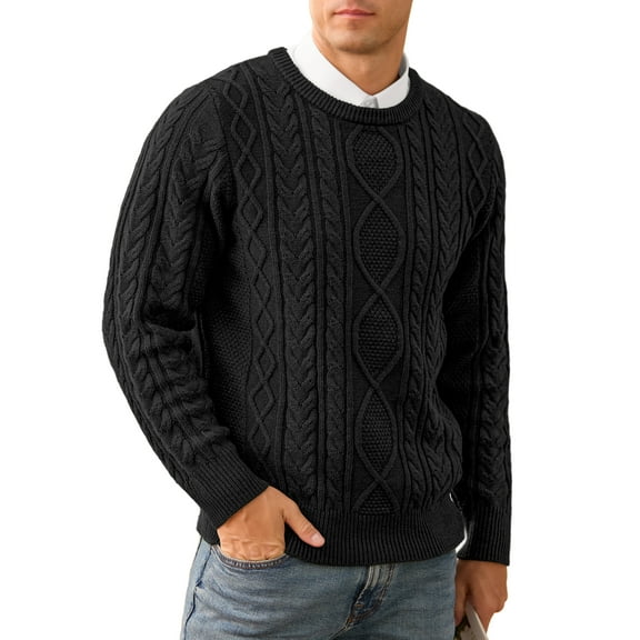 QDG Men's Cable Knit Pullover Sweater Casual Crewneck Long Sleeve Knitted Sweater