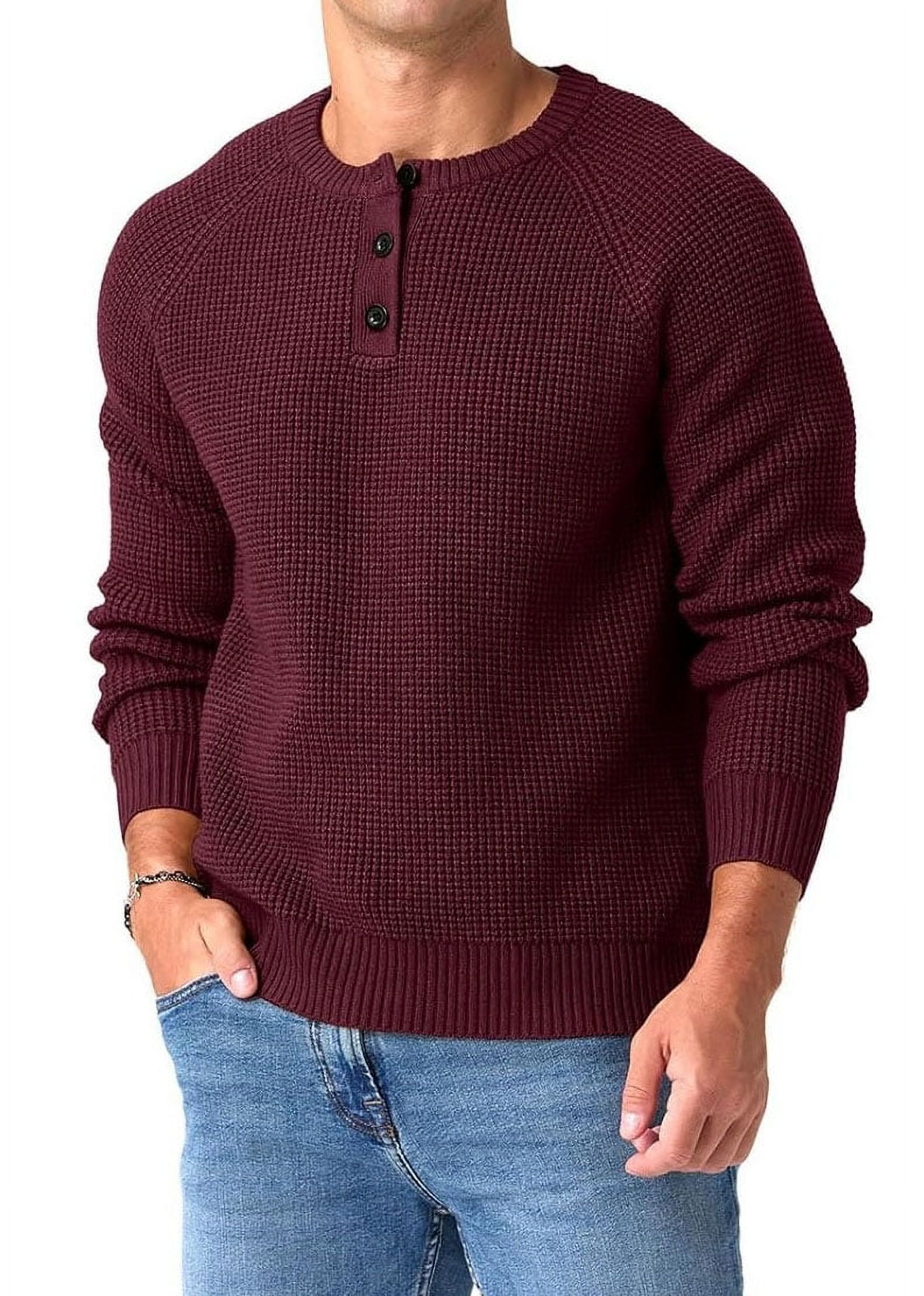 QDG Mens Henley Knit Pullover Sweater Waffle Crewneck Casual Texture