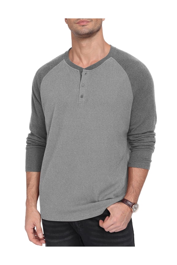 Men's Henley Shirt Color Block Raglan Long Sleeve Slim Fit Casual Tee Shirt