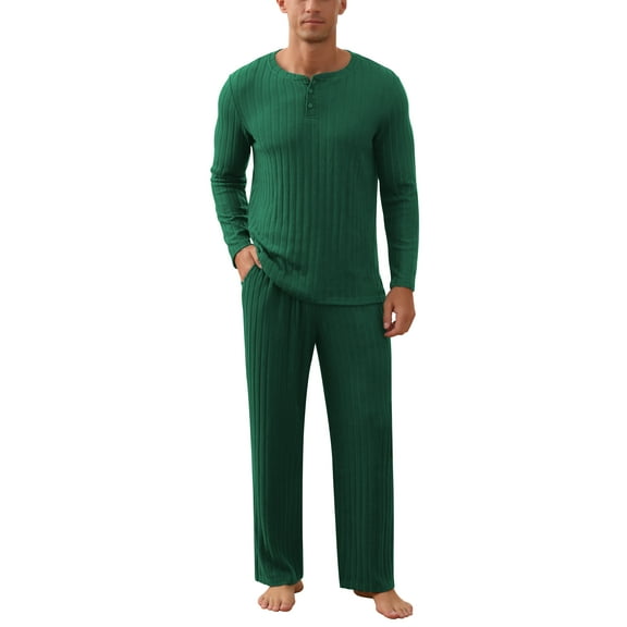 QDG Men's Pajama Set Soft Henley Neck Long Sleeve Top and Pants Brushed Ribbed Lounge Sleep Sets