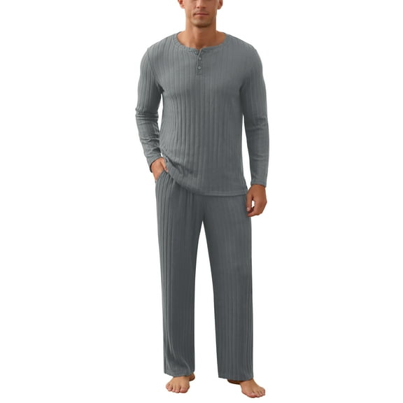 QDG Men's Pajama Set Soft Henley Neck Long Sleeve Top and Pants Brushed Ribbed Lounge Sleep Sets
