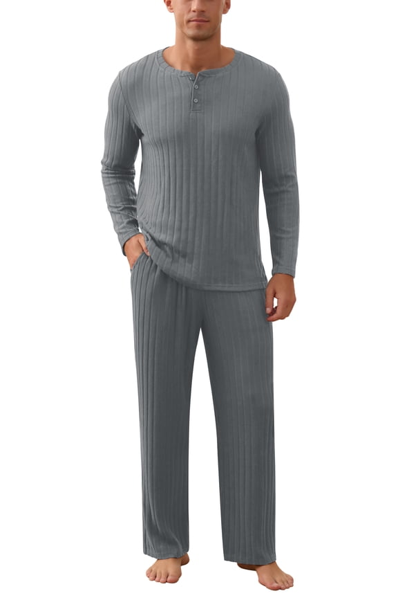 Men's Pajama Set Soft Henley Neck Long Sleeve Top and Pants Brushed Ribbed Lounge Sleep Sets
