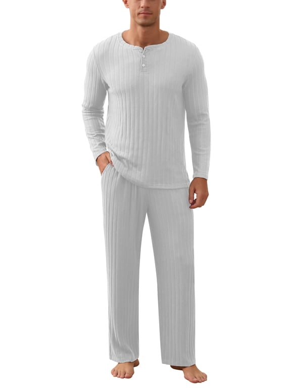 Men's Pajama Set Soft Henley Neck Long Sleeve Top and Pants Brushed Ribbed Lounge Sleep Sets