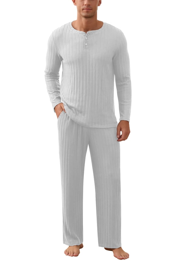 Men's Pajama Set Soft Henley Neck Long Sleeve Top and Pants Brushed Ribbed Lounge Sleep Sets