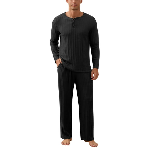 QDG Men's Pajama Set Soft Henley Neck Long Sleeve Top and Pants Brushed Ribbed Lounge Sleep Sets