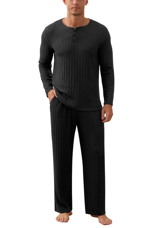Men's Pajama Set Soft Henley Neck Long Sleeve Top and Pants Brushed Ribbed Lounge Sleep Sets