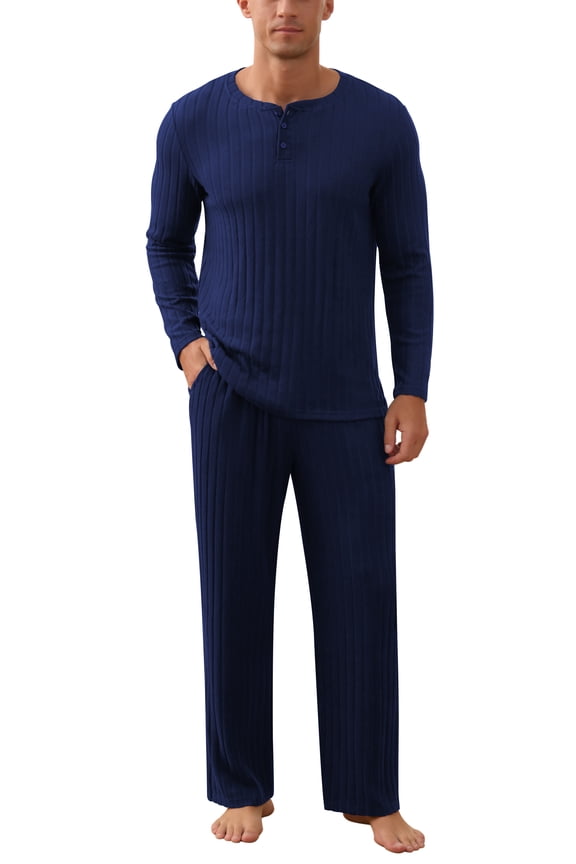 Men's Pajama Set Soft Henley Neck Long Sleeve Top and Pants Brushed Ribbed Lounge Sleep Sets