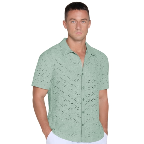 QDG Men's Short Sleeve Button-Up Shirt Cuban Collar Hollow Out Texture Casual Summer Beach Vacation Shirt