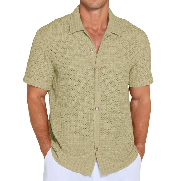 QDG Mens Casual Button Down Shirts Short Sleeve Summer Beach Shirts Crochet Guayabera Shirts Hollow Out Tops Light Green L
