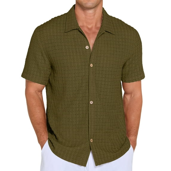 QDG Mens Casual Button Down Shirts Short Sleeve Summer Beach Shirts Crochet Guayabera Shirts Hollow Out Tops Dark Green M