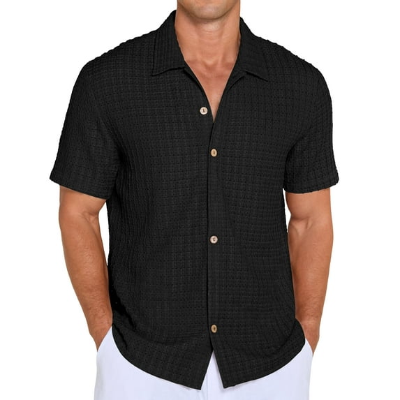 QDG Mens Casual Button Down Shirts Short Sleeve Summer Beach Shirts Crochet Guayabera Shirts Hollow Out Tops BLack XL
