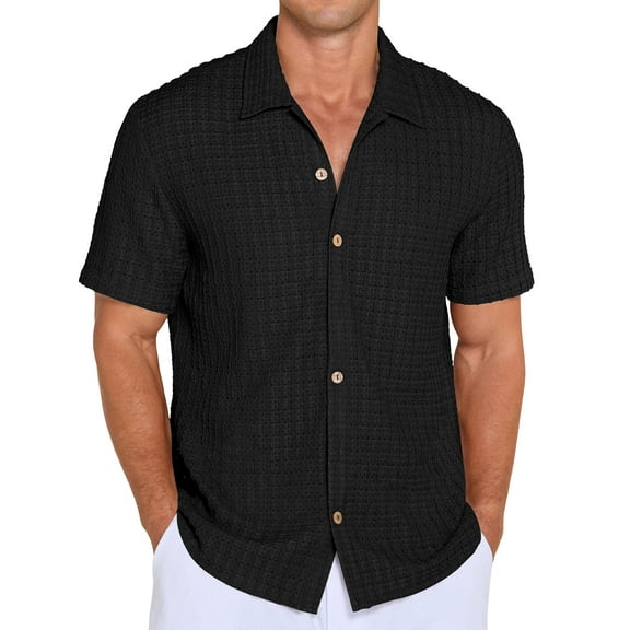 QDG Mens Casual Button Down Shirts Short Sleeve Summer Beach Shirts Crochet Guayabera Shirts Hollow Out Tops BLack S