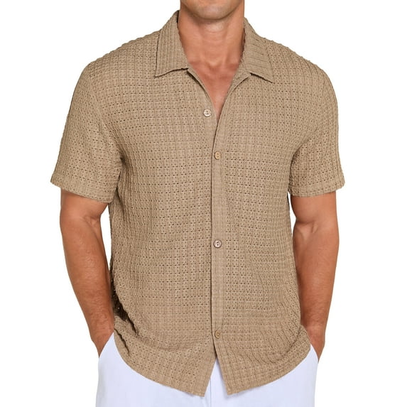 QDG Mens Casual Button Down Shirts Short Sleeve Summer Beach Shirts Crochet Guayabera Shirts Hollow Out Tops Khaki S