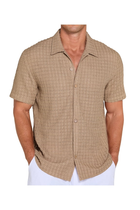Mens Casual Button Down Shirts Short Sleeve Summer Beach Shirts Crochet Guayabera Shirts Hollow Out Tops Khaki S