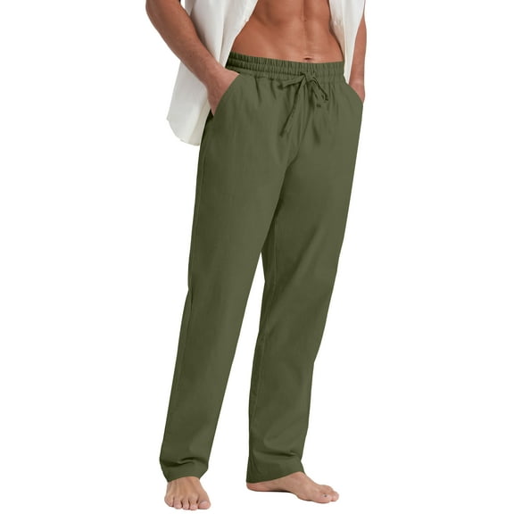 QDG Mens Cotton Linen Pants Elastic Waist Drawstring Loose Casual Summer Beach Pants Amry Green L