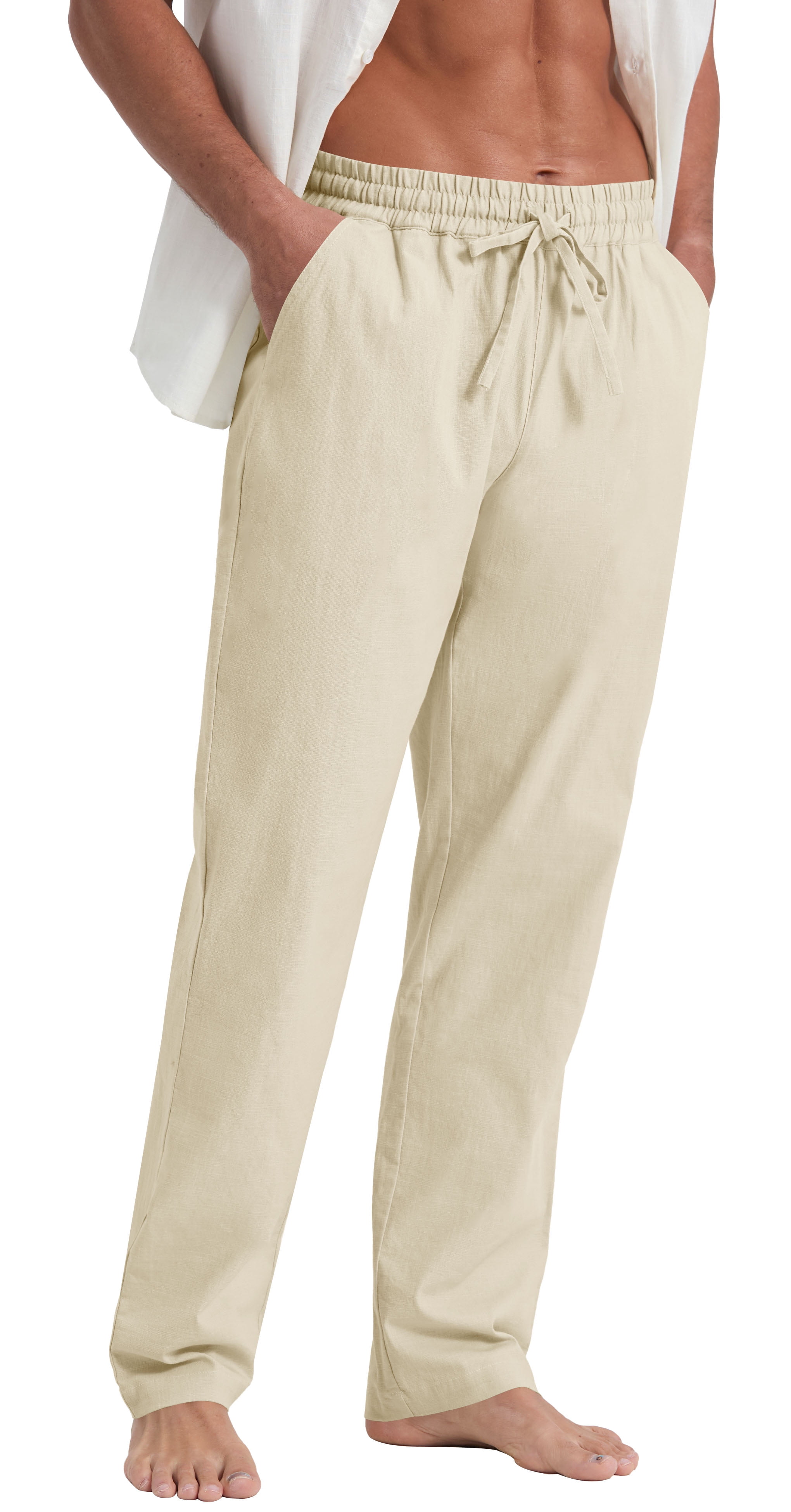 QDG Mens Cotton Linen Pants Elastic Waist Drawstring Loose Casual ...