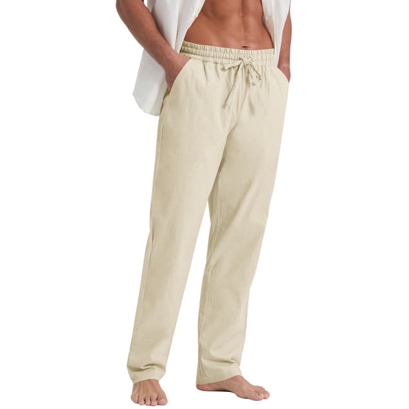 QDG Mens Cotton Linen Pants Elastic Waist Drawstring Loose Casual Summer Beach Pants Beige XL– For Relaxed Fit, Consider Sizing Up
