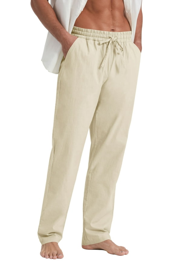 Mens Cotton Linen Pants Elastic Waist Drawstring Loose Casual Summer Beach Pants Beige XL