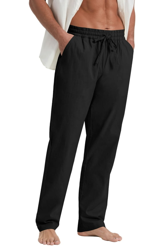 Mens Cotton Linen Pants Elastic Waist Drawstring Loose Casual Summer Beach Pants Black L
