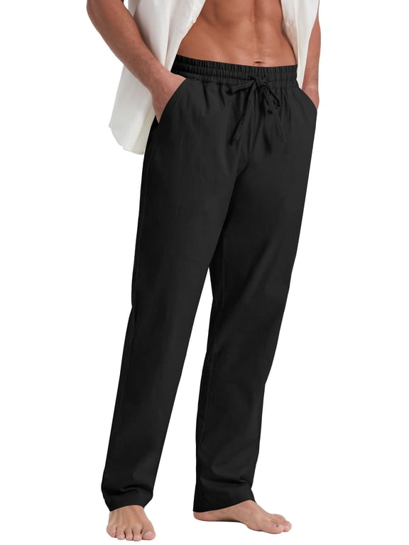Mens Cotton Linen Pants Elastic Waist Drawstring Loose Casual Summer Beach Pants Black M– For Relaxed Fit, Consider Sizing Up