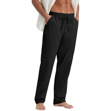 QDG Mens Cotton Linen Pants Elastic Waist Drawstring Loose Casual Summer Beach Pants Black S
