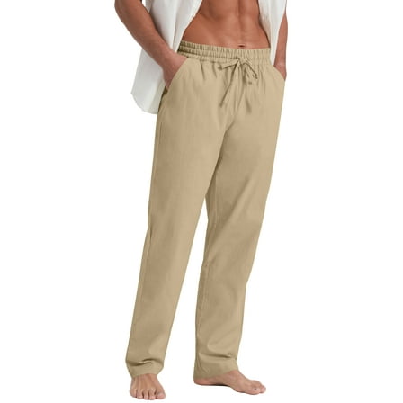 QDG Mens Cotton Linen Pants Elastic Waist Drawstring Loose Casual Summer Beach Pants Khaki M