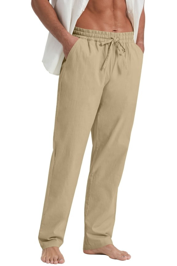 Mens Cotton Linen Pants Elastic Waist Drawstring Loose Casual Summer Beach Pants Khaki M
