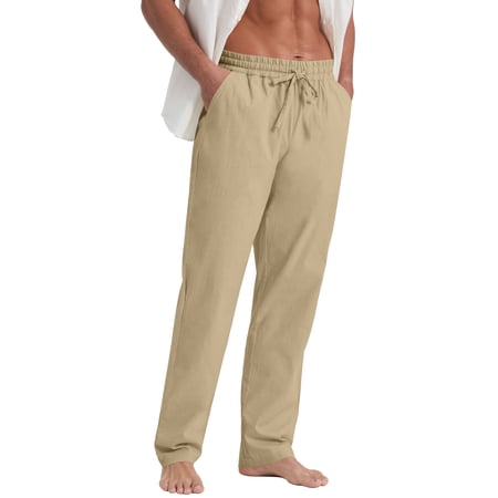 QDG Mens Cotton Linen Pants Elastic Waist Drawstring Loose Casual Summer Beach Pants Khaki XXL– For Relaxed Fit, Consider Sizing Up