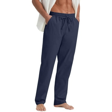 QDG Mens Cotton Linen Pants Elastic Waist Drawstring Loose Casual Summer Beach Pants Navy Blue S