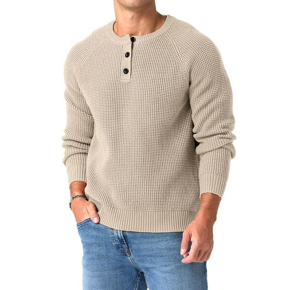 QDG Mens Henley Knit Pullover Sweater Waffle Crewneck Casual Texture Fashion Sweater