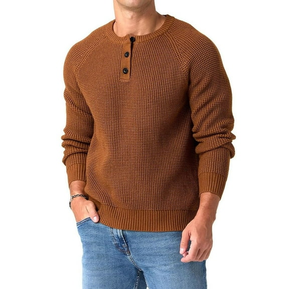 QDG Mens Henley Knit Pullover Sweater Waffle Crewneck Casual Texture Fashion Sweater